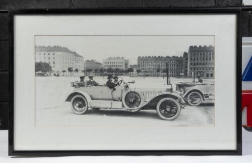 VETERAN VEHICLES: Two items relating to Veteran Vehicles including masonite poster 'The London to Edinburgh Model of 1911' Silver Ghost & framed black and white photograph of Rolls Royce Silver Ghost Chassis 2260E in 1913, largest 63.5cm high, 77.5cm wid