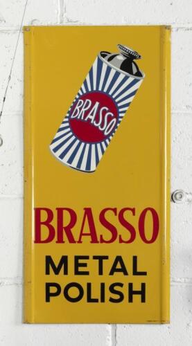 BRASSO: An excellent and possible NOS 'Brasso Metal Polish' sign with pictorial of a 'Brasso'&nbsp;tin, made&nbsp;by Standard Signs Pty Ltd Sydney, believed these signs&nbsp;were affixed to trams, 61cm high, 30cm wide.