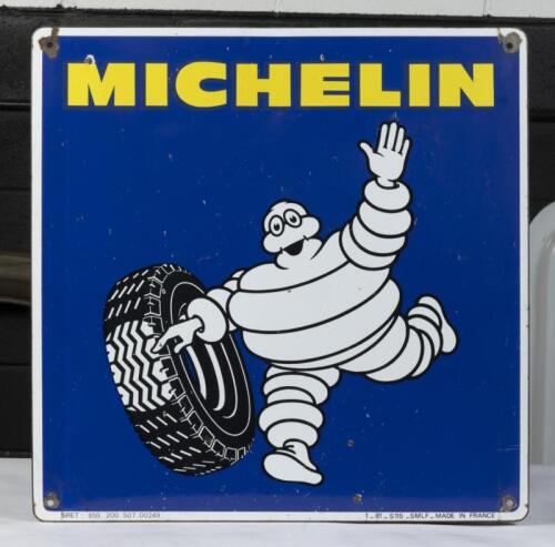 MICHELIN: A Michelin enamel sign featuring waving Bibendum&nbsp;65cm high, 65cm wide