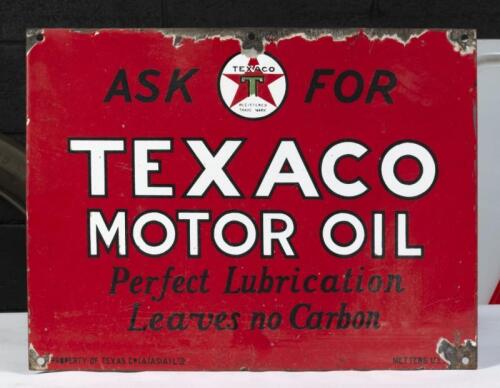 TEXACO: An original enamel 'Texaco Motor Oil' eight bottle rack front sign by Metters Ltd, printed to bottom left with 'Property of Texas Oil Co (A/Asia) Ltd', bottom right 'Metters Ltd..' 35.5cm high, 47m wide.