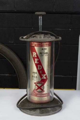 REDEX: A scarce Redex&nbsp;oil & fuel additive hand pump dispenser, glass bowl, cast base with raised 'Redex' script, top of hand pump with 'Made in England - Brit. Pat.No.613265' approx 64cm high