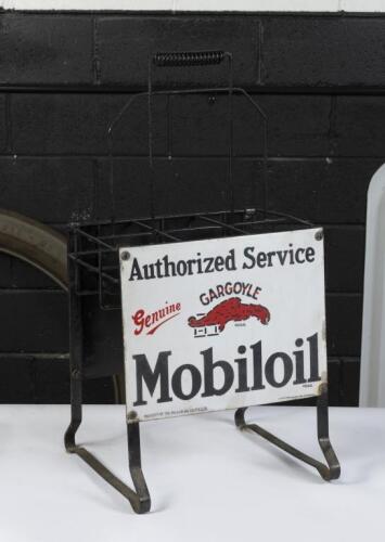 MOBILOIL: An original six bottle oil stand with Mobiloil Gargoyle Vacuum Oil Company 'Authorized Service' enamel signs to both&nbsp;side, signs printed to lower 'Laughtons Enamellers Footscray'