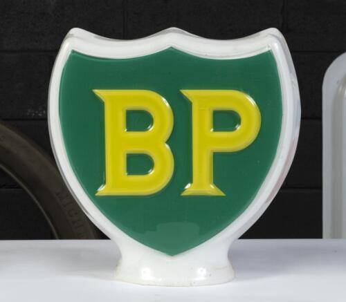BP: An original perspex 'BP' shield form petrol pump globe, stamped to inside of rim 'A.C. 1/69', approx 32cm high, 31cm wide