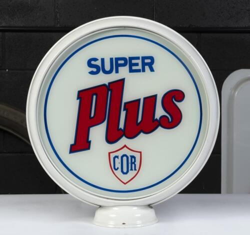 C.O.R: A reproduction 'C.O.R' Super Plus petrol pump globe, metal canteen, glass lens, approx 48cm high, 44cm wide.