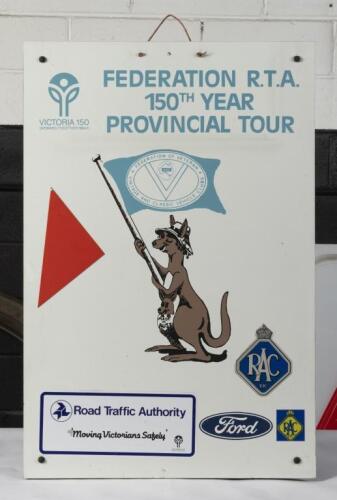 150th TOUR: A 1984/1985 Federation of Veteran Vintage and&nbsp;Classic Vehicle Clubs R.T.A. 150th Year Provincial Tour tin sign, 90cm high, 60cm wide.