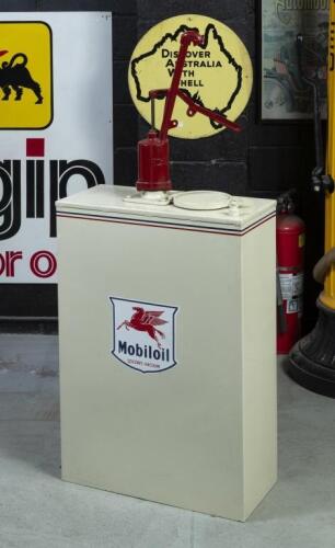 HIGHBOY: A highboy oil tank&nbsp;in restored condition with 'Mobiloil' decals to side, complete with 'Simac' pump, approx 132cm high