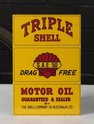 SHELL: Two modern reproduction tin Shell signs comprising&nbsp;a vertical 'Shell' sign and a 'Triple Shell SAE 50' sign