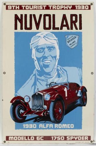 NUVOLARI: A 'Garage Art'&nbsp;limited edition 1 of 50&nbsp;enamel sign depicting a 1930 Alfa Romeo&nbsp;Modello 6c 1750 Spyder as driven by Tazio Nuvolari in the 1930 RAC 9th Tourist Trophy. Produced circa 1990s, 76cm high, 48.5cm wide,