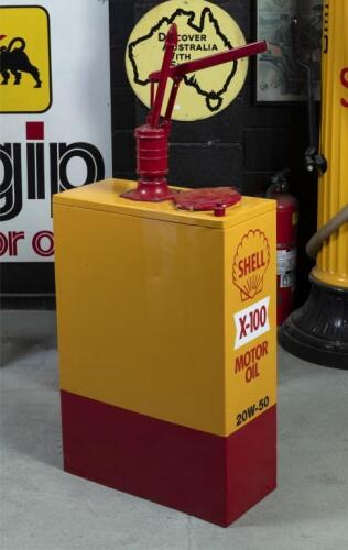 SHELL: A restored highboy in 'Shell X-100 Motor Oil 20W-50' livery 130cm high, 26cm wide, 56cm deep