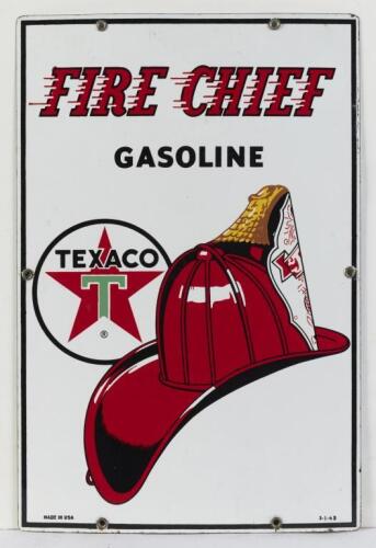 TEXACO: A reproduction enamel Texaco 'Fire Chief Gasoline' enamel sign, 45.5cm high, 30.5cm wide, stamped to lower 'Made in USA - 3-1-63'&nbsp;