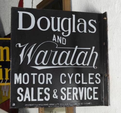 DOUGLAS & WARATAH: An original&nbsp;double sided 'Douglas & Waratah Motor Cycles Sales & Service' flange sign, 38cm high, 38cm wide