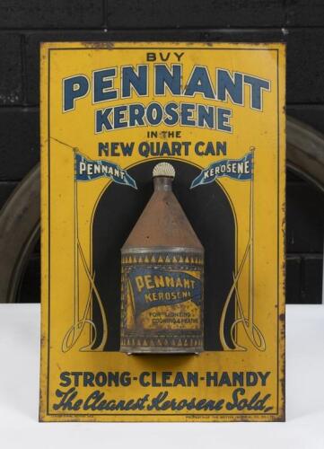 PENNANT: A scarce c1920s-1930s original tin 'Buy Pennant Kerosene In The New Quart Can' shop counter display by J.T. Picken & Sons, Printers Melb. complete with a 'Pennant Kerosene' tin to sit inside display, 47cm high, 31cm wide.