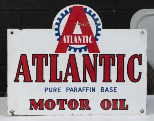 ATLANTIC: An original enamel Atlantic 'Pure Paraffin Base&nbsp;Motor Oil' oil rack front sign, 35cm high, 44cm wide.