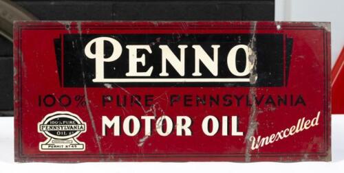 PENNSYLVANIA: A scarce original double sided screenprinted tin 'Penno' Pennsylvania Motor Oil sign, 20.5cm high, 45.5cm wide