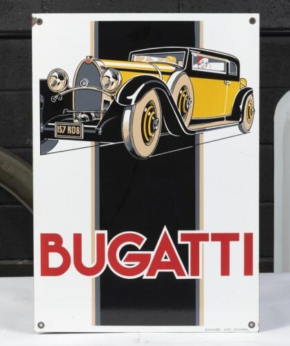 BUGATTI: A reproduction Art Deco enamel sign featuring a Bugatti by Garage Art Enamel 55cm high, 39cm wide