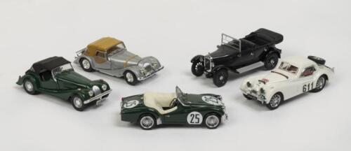 MODELS: A collection of five 1:43 scale British car models including Austin, Triumph and Morgan