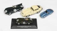 JAGUAR: Four Jaguar models comprising a1:43 scale Jaguar XK120C No.20 Le Mans 1951 a&nbsp;1:32 AutoArt Jaguar D-Type Slot Car and two E-Types of different&nbsp;scales