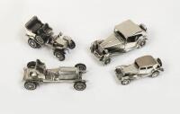 VINTAGE CARS: A collection of four small scaled silver plated cars including MG, Alfa Romeo and two others