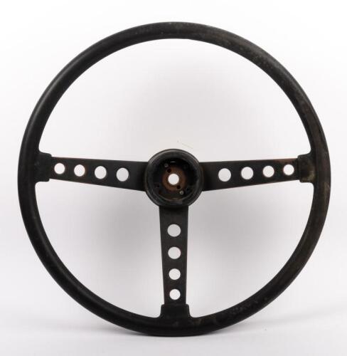STEERING WHEEL: A large three spoke leather bound steering wheel, approx 53cm in diameter