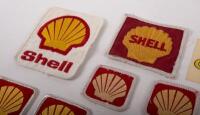 SHELL: An assortment ten of Shell cloth patches of varying sizes, also includes a 'Go Well - Go Shell' adhesive sticker - 2