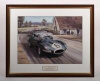 A limited edition print [209/500] titled&nbsp;&ldquo;Mike Hawthorn and the winning D Type Jaguar by Dion Pears, Le Mans 1955&rdquo;