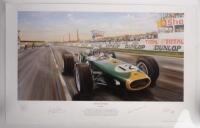 SIR JACK BRABHAM: A limited edition (196/850) unframed print "History in the Making" by Randall Wilson depicting Jack Brabham winning the 1966 French Grand Prix in his Brabham BT19, the first Grand Prix victory of a driver in a car of his own construction