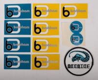 BRABHAM: A collection of 12 items bearing the Brabham name, 11 adhesive stickers and one cloth patch