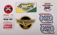 RACING STICKERS: A collection of six stickers, included are British Grand Prix 1987, Australian Grand Prix at Sandown 1973, two Australian Motor Sport Club stickers, Chevron B21 sticker and Chevron Racing Cars