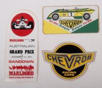 RACING STICKERS: A collection of six stickers, included are British Grand Prix 1987, Australian Grand Prix at Sandown 1973, two Australian Motor Sport Club stickers, Chevron B21 sticker and Chevron Racing Cars - 3