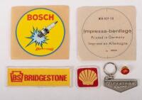 MOTORING: A collection of six items relating to fuel, tyre and parts industries, a Bridgestone cloth patch, a Shell cloth patch, a Mobil Pegasus lapel pin, a Firestone Racing key ring, and two Bosch Thermo Elastic stickers