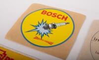 MOTORING: A collection of six items relating to fuel, tyre and parts industries, a Bridgestone cloth patch, a Shell cloth patch, a Mobil Pegasus lapel pin, a Firestone Racing key ring, and two Bosch Thermo Elastic stickers - 2