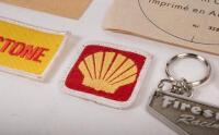 MOTORING: A collection of six items relating to fuel, tyre and parts industries, a Bridgestone cloth patch, a Shell cloth patch, a Mobil Pegasus lapel pin, a Firestone Racing key ring, and two Bosch Thermo Elastic stickers - 3