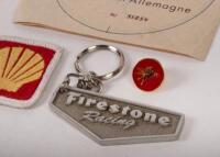 MOTORING: A collection of six items relating to fuel, tyre and parts industries, a Bridgestone cloth patch, a Shell cloth patch, a Mobil Pegasus lapel pin, a Firestone Racing key ring, and two Bosch Thermo Elastic stickers - 4