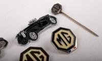 MG: A group of assorted MG related badges, includes two small octagon shaped lapel badges, one stick pin badge, one circular lapel badge and two classic car lapel badges - 2