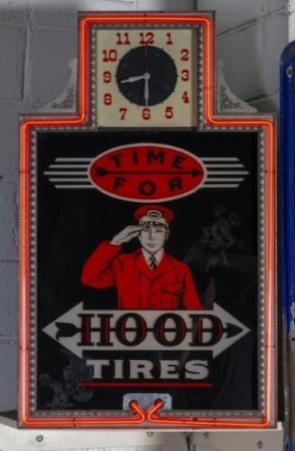 HOOD TIRES: An impressive early c1930s/1940s 'Time For Hood Tires' neon hanging sign with clock, 84cm high, 57cm wide