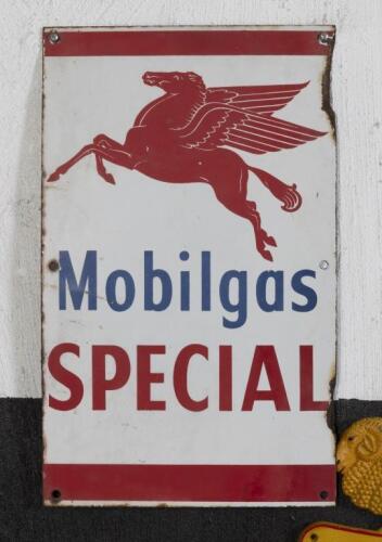 MOBILGAS: A enamel 'Mobilgas Special' sign featuring 'Flying&nbsp;Pegasus' logo, as used on petrol pumps of&nbsp;the period, 50cm high, 30.5cm wide