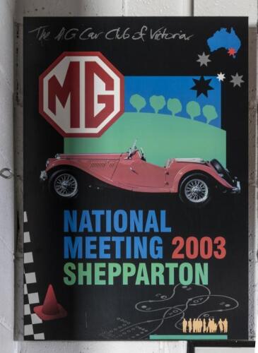 MG: An MG Car Club of Victoria 2003 National Meeting in Shepparton poster mounted on block, 70cm high, 48cm wide