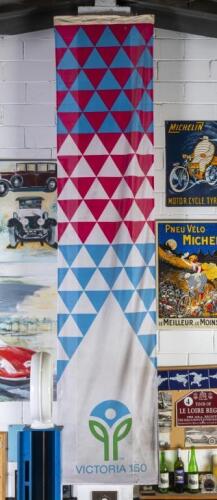 VICTORIA 150: A long cloth fabric banner celebrating the 150th anniversary of the State of Victoria "Victoria 150', approx 4-5m long
