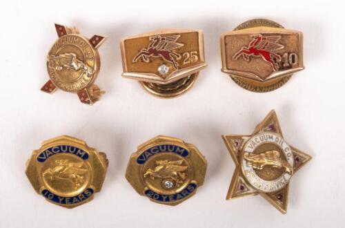 MOBIL: A collection of six excellent 'Vacuum Oil Company'Mobil&nbsp;service pins including three '10' year, one '20' year and one '25' year, most featuring Pegasus logo or Gargoyle logo