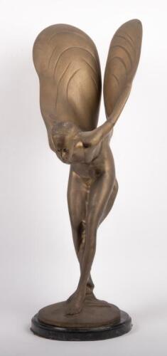 ROLLS-ROYCE: An impressive brass showroom proportioned 'Spirit of Ecstasy' figural metal sculpture after Charles Sykes, mounted to marble base, 53cm high overall