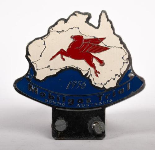 MOBILGAS TRIAL: A 1956 Mobilgas Trial 'Round Australia' grille badge, features Flying Pegasus to centre, approx 9.5cm high, 9.5cm wide