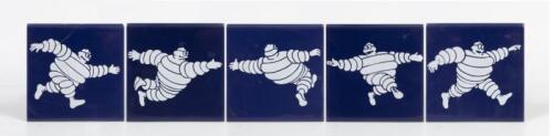 MICHELIN: A group of five circa 1960s Michelin square ceramic tiles depicting Bibendum in different poses, they each measure 15cm high, 15cm wide