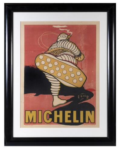 MICHELIN: A fine reproduction of the original c1911-1913 O'Gallop Marius Rossillon French Michelin advertising poster 'The Sole Kick', framed and glazed, 104cm high, 82cm wide overall