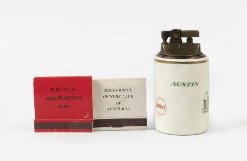 ROLLS-ROYCE: Two 'Rolls-Royce Owner's Club of Australia' matchbooks and a large&nbsp;lighter with many makes&nbsp;shown, including Rolls-Royce