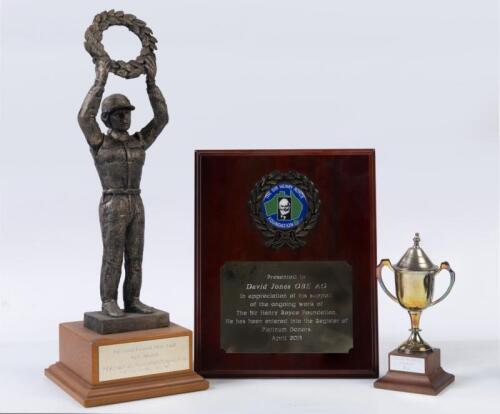 TROPHIES: A group of three trophies including a tablet style award presented to David Jones by the Sir Henry Royce Foundation.