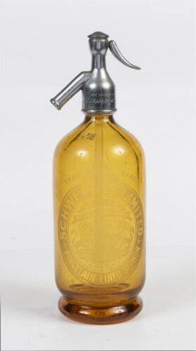 SCHWEPPES: An early amber glass porcelain lined Schweppes syphon bottle with chrome tap, "By Appointment&nbsp;Coat of Arms' on front, 30cm high