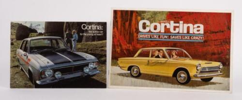 241 · FORD: Two Ford Cortina sales brochures including a 1969 'Cortina: The Active Car For The Young Heart' and a 1963 'Cortina - Drives Like Fun! Saves Like Crazy' sales brochure