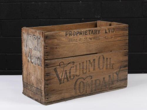 VACUUM: Two&nbsp;Vacuum Oil Company timber oil can boxes, one with 'Voco Petrol' other with 'Laurel Kerosene' printed to ends each approx&nbsp;37cm high, 26cm wide, 53cm deep