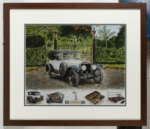 NAREEB GHOST: A superb print after the original illustration by Mike Harbar of the 1920 Rolls Royce 'Nareeb Ghost' pictured in front of the Nareeb gates Melbourne Botanical Gardens, framed and glazed, 60cm high, 69.5cm wide