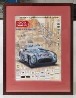 MILLE MIGLIA: A framed and glazed poster promoting the May 17-19, 2001 '1000 Miglia' event, featuring&nbsp;the 1955 winning Moss Jenkinson&nbsp;Mercedes Benz 300 SLR with&nbsp;sponsors listed below, 49cm high, 34cm wide (visible)